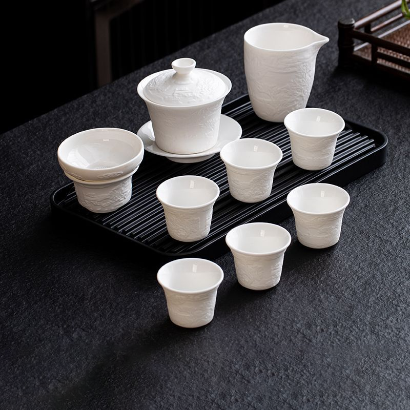 Chinese ink painting mutton fat jade tea set 12-piece（Limited to 10 sets）